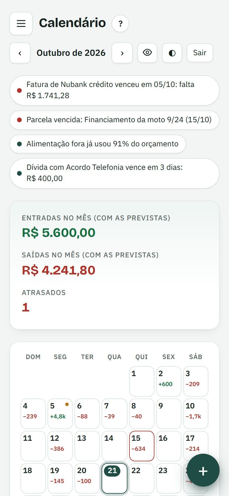Calendário do dinheiro: tela do Tuga