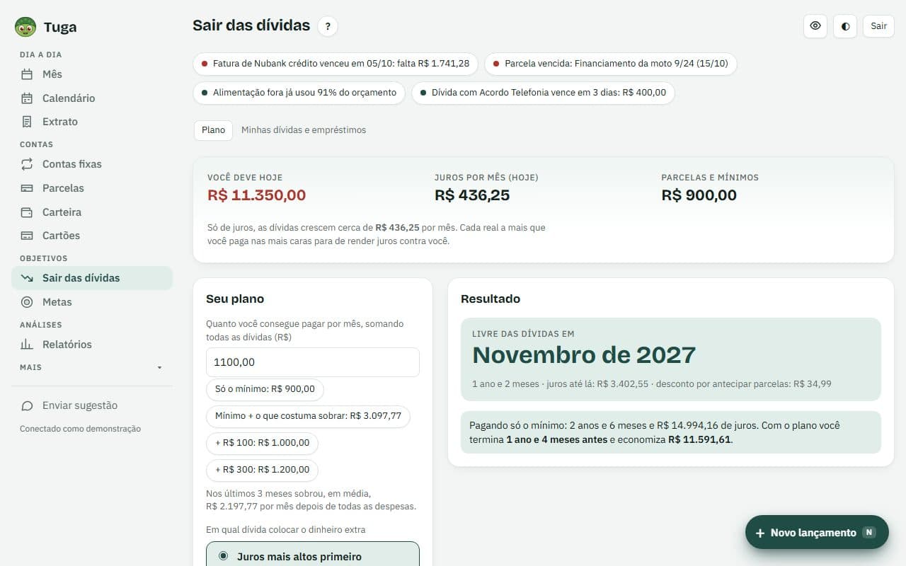 Um plano para sair das dívidas: tela do Tuga