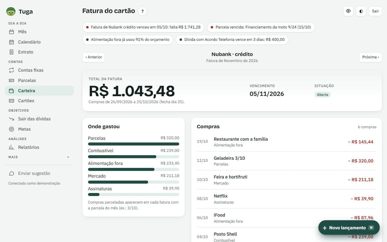 Cartão de crédito sem susto: tela do Tuga