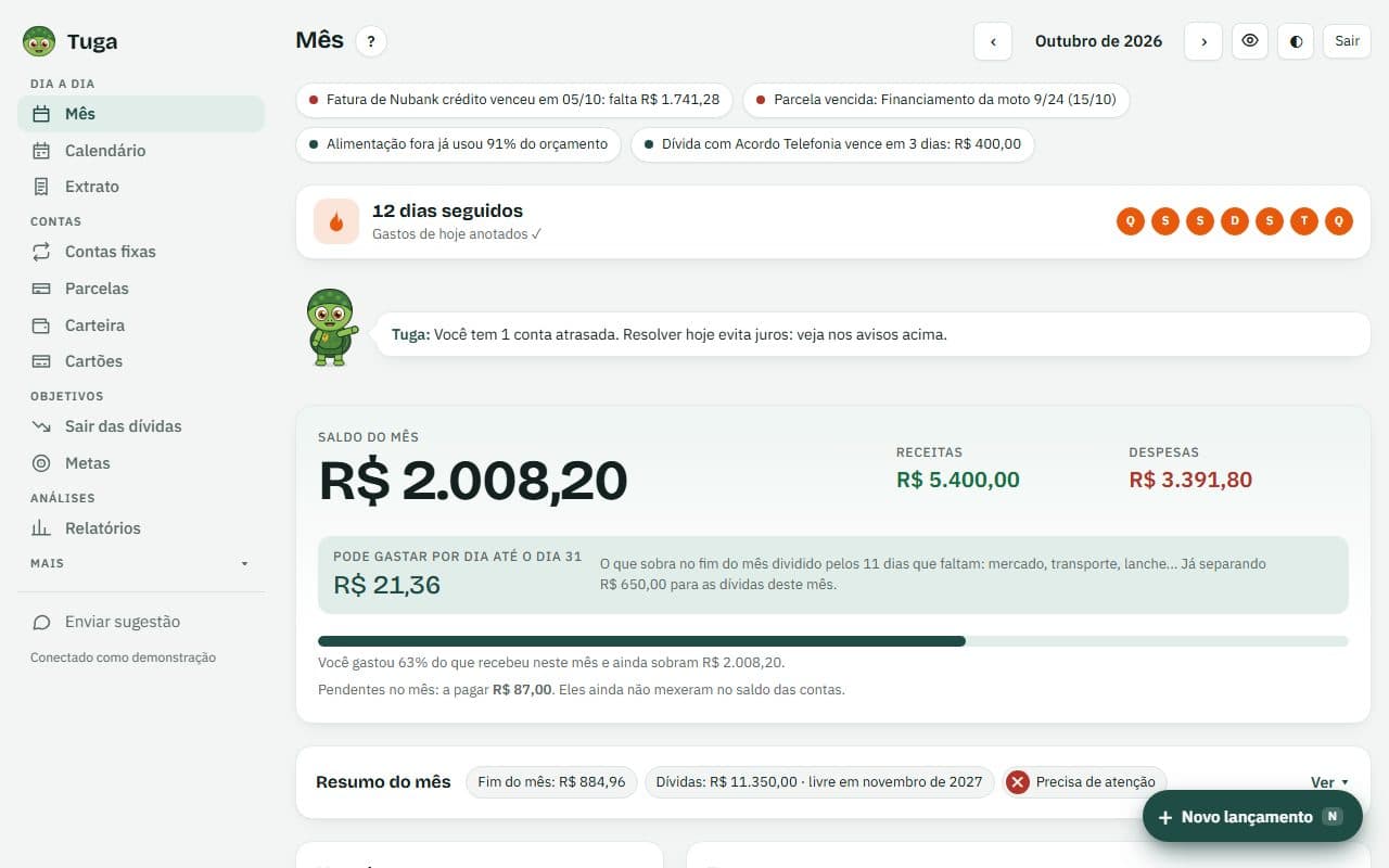 Tela do mês no computador: saldo, receitas, despesas e extrato